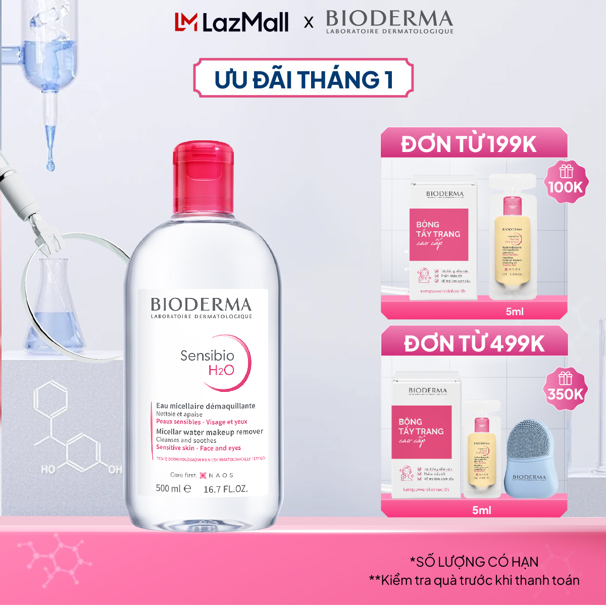 Dung dịch làm sạch và tẩy trang micellar cho da thường và da nhạy cảm Bioderma Sensibio H2O - 500ml