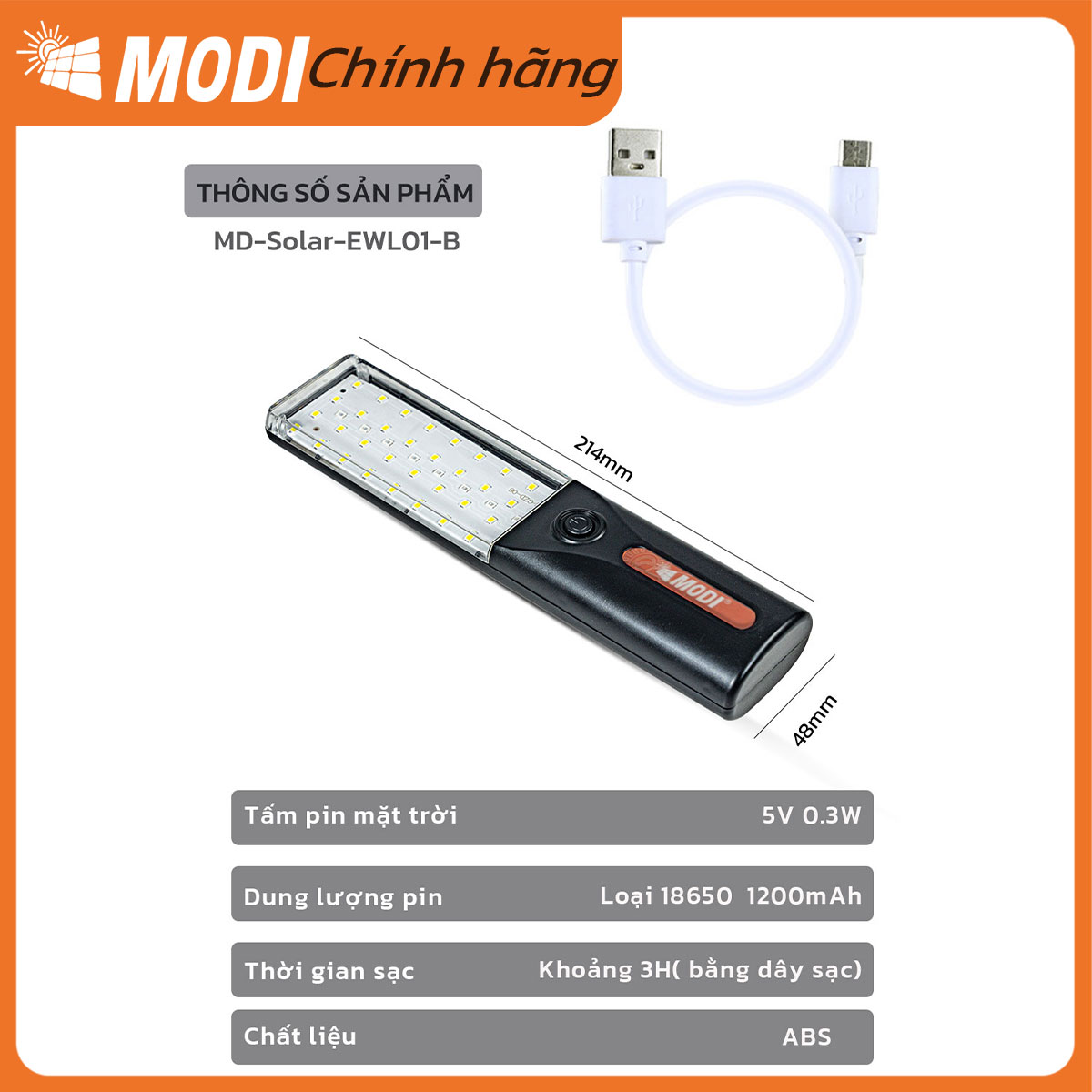Đèn Pin LED Cầm Tay Cao Cấp MODI SOLAR Đèn Pin Led Năng Lượng Mặt Trời Đa Năng Tiện Lợi