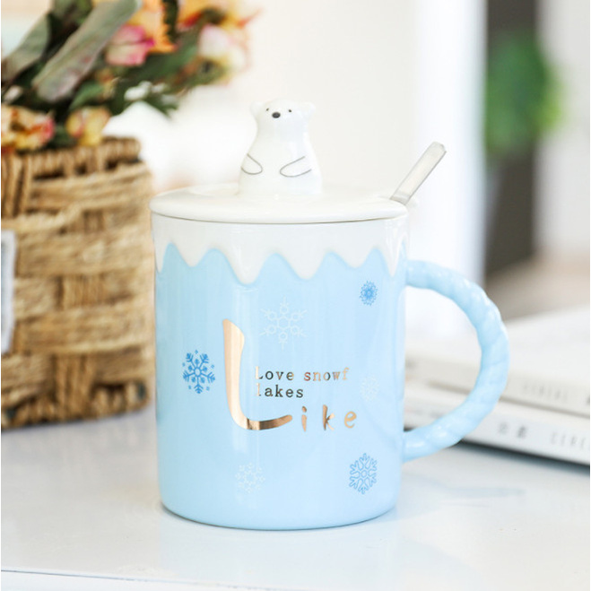 Ly Cốc Sứ 400ML Hình Gấu Trắng Nắp Nổi - Ly Có Nắp Và Thìa Inox