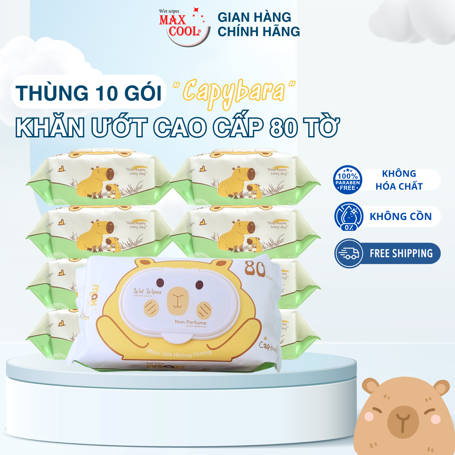 Thùng 10 gói khăn ướt cao cấp 80 tờ Max Clean hình Capybaraa siêu đáng yêu - Không hương