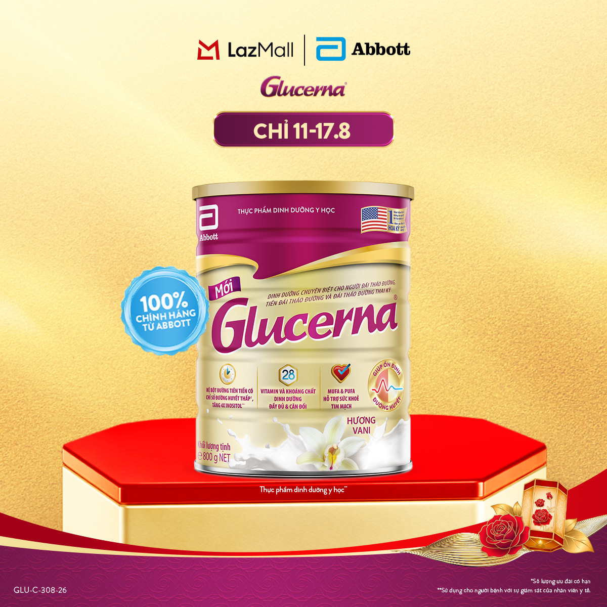 [CHỈ 11-17.8 GIÁ TỐT MUA NGAY-SLCH] Sữa bột Glucerna hương vani 800g