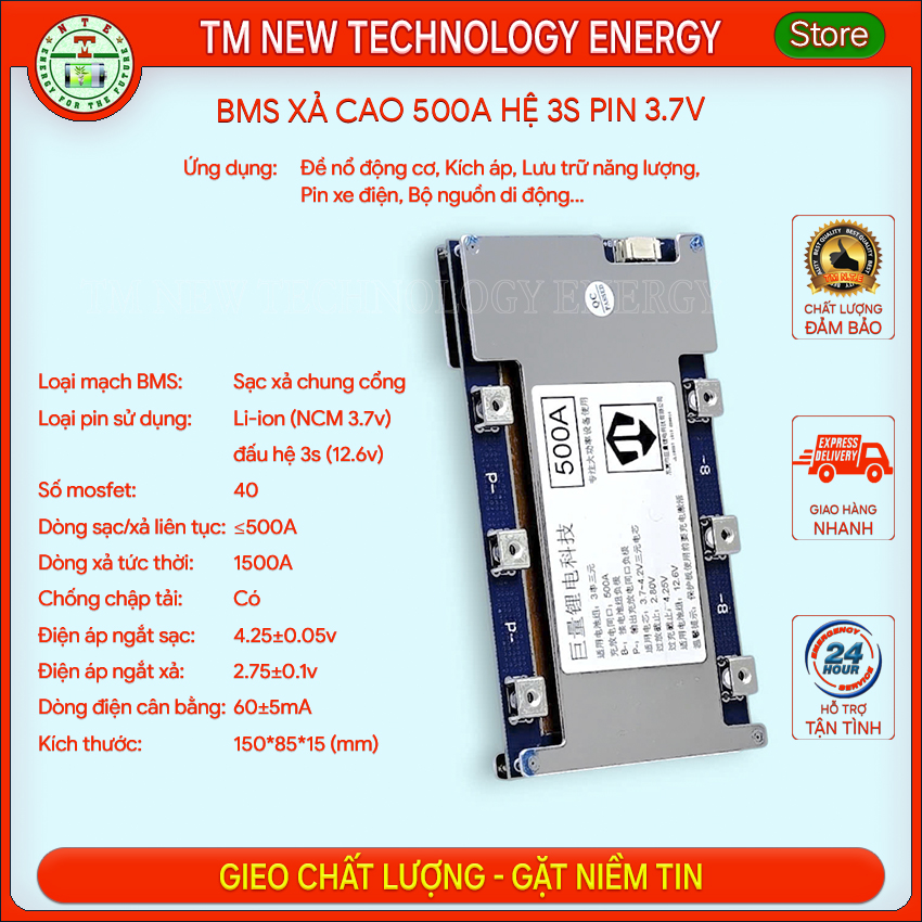 Mạch BMS 3S 500A xả tức thời 1500A dùng cho pin Li-ion 3.7v chuyên dùng làm mạch đề cho động cơ công