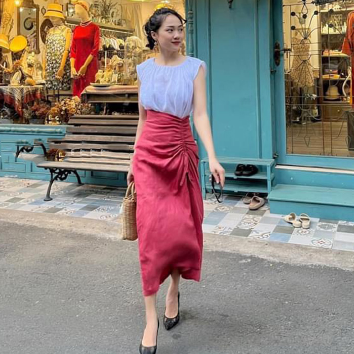 Chân váy Linen tưng Premium 2 lớp dáng dài rút eo thời trang công sở 2023