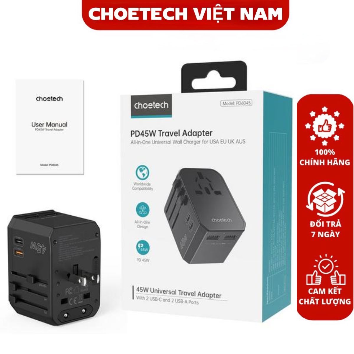 Củ sạc du lịch Choetech PD6045 đa năng 45W - Hàng chính hãng