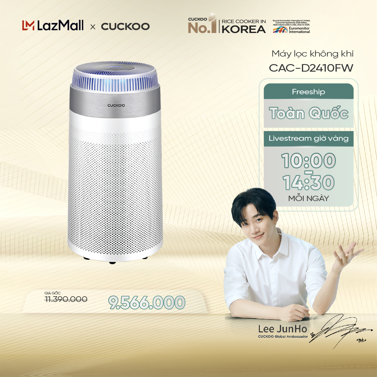Máy lọc không khí Cuckoo CAC-D2410FW - Kích thước 84.7m², màu trắng