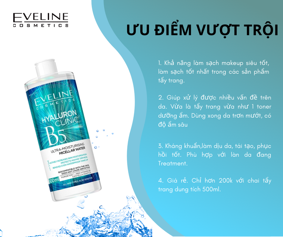 Nước tẩy trang Eveline Hyaluronic Clinic B5 dưỡng ẩm da 500ML
