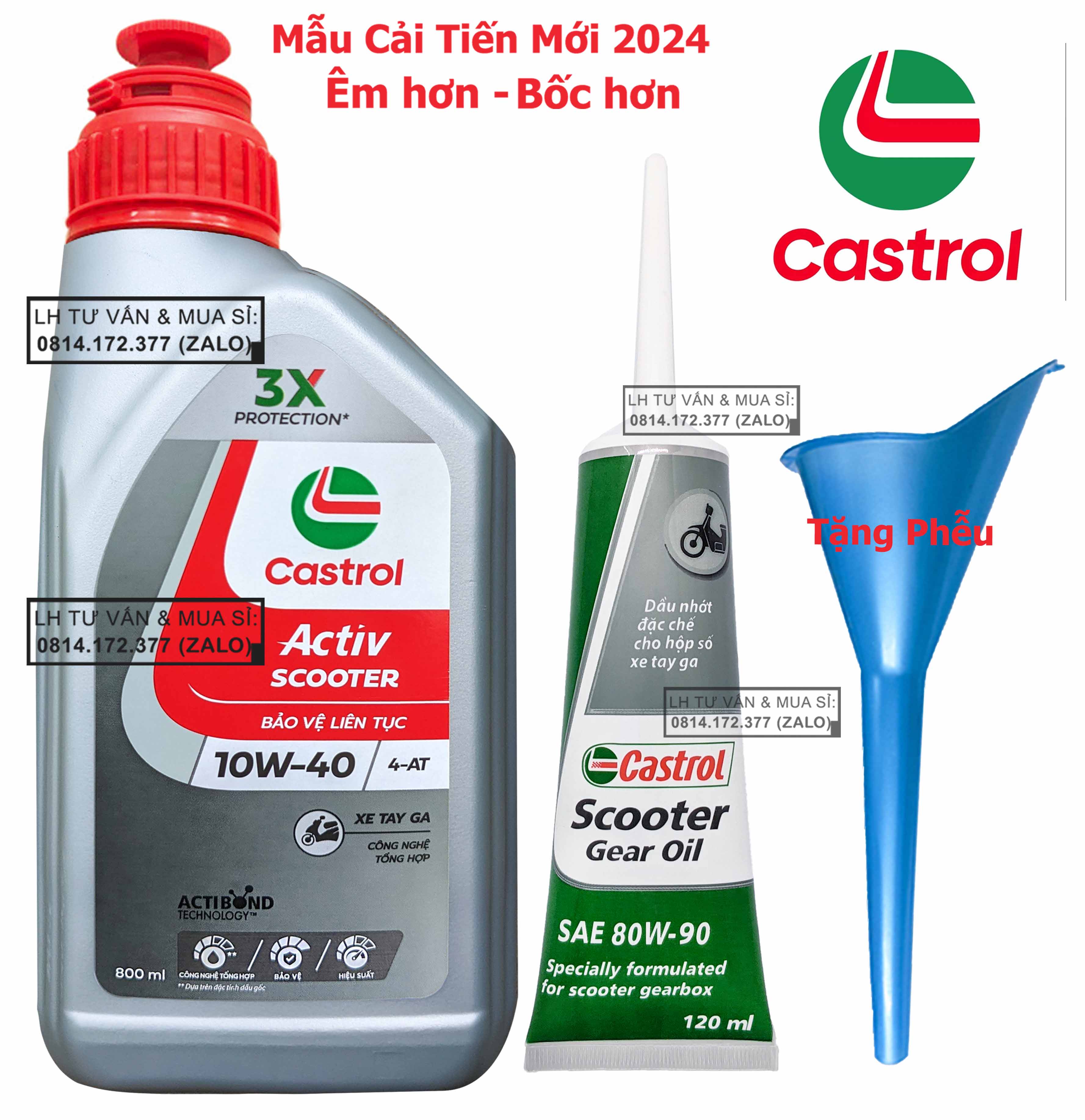 Bộ combo nhớt tay ga Castrol ACtiv Scooter 10w40 800ml ( 0.8L ) + Nhớt lap Castrol + Tặng phễu châm 