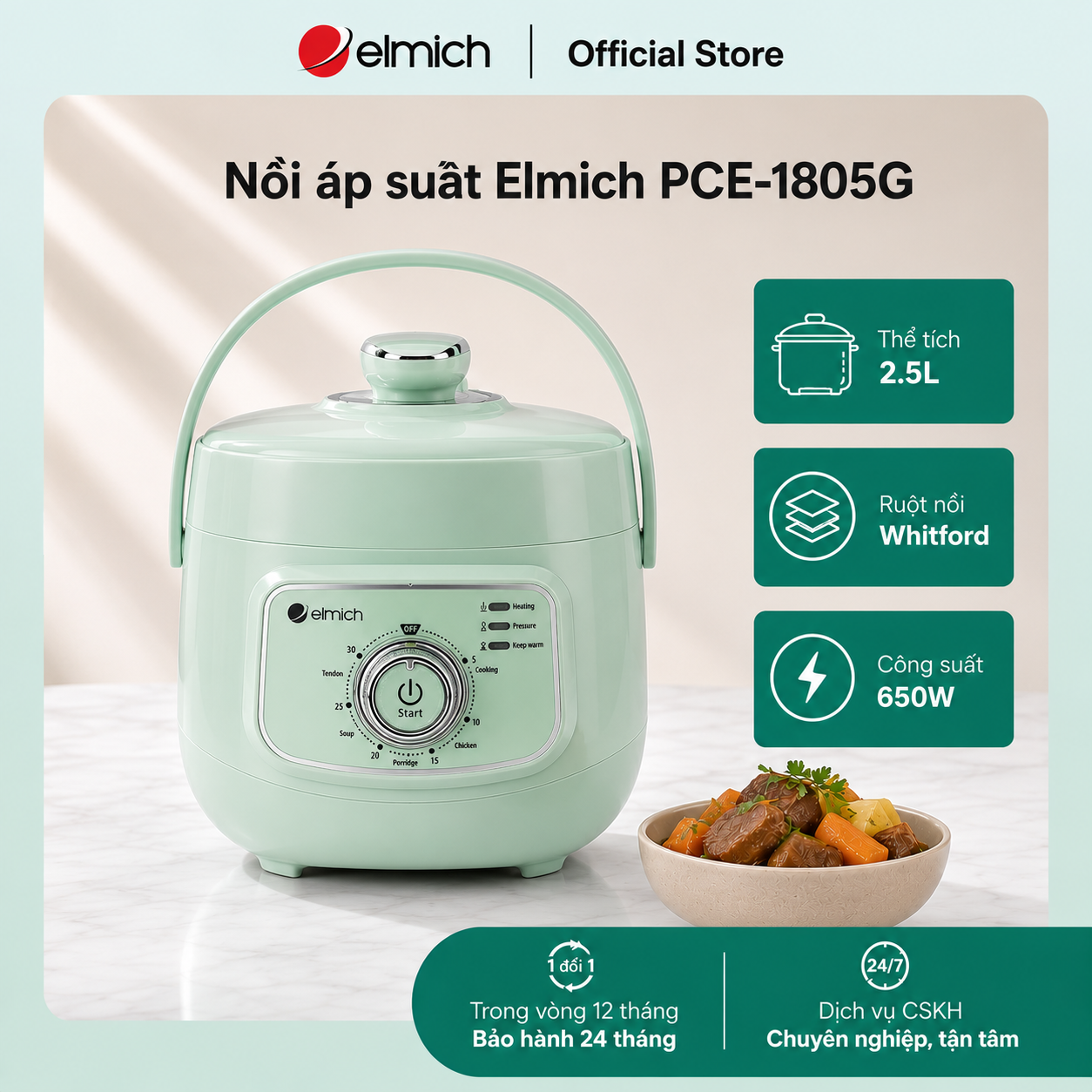 Nồi áp suất Elmich PCE-1805 dung tích 2.5L, màu xanh lá, 3.5kg