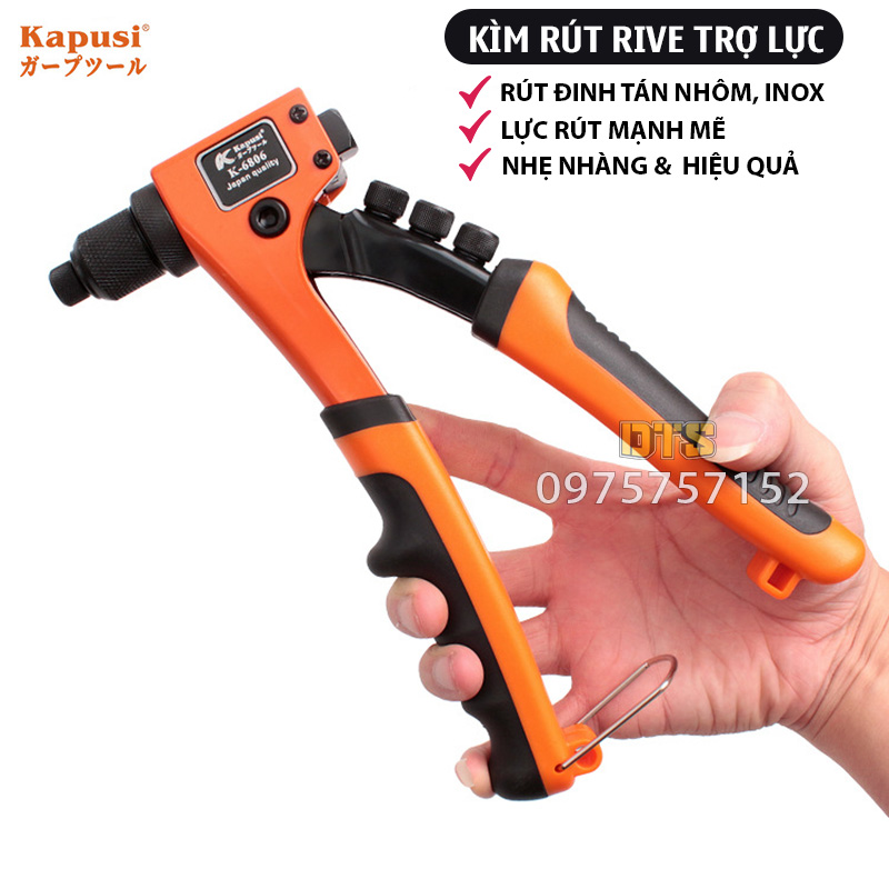 Kìm rút đinh tán công nghiệp Kapusi JAPAN 8inch kềm rút rive trợ lực đinh rút nhôm inox 2.4-4.8mm th