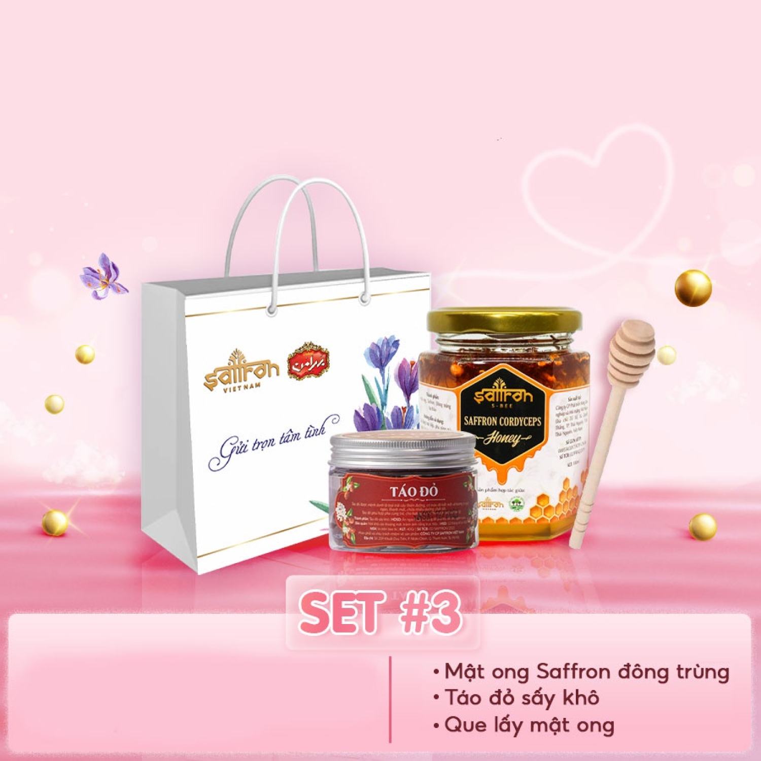 Set quà tặng mật ong ngâm saffron đông trùng hạ thảo thương hiệu Saffron Việt Nam và trà táo đỏ