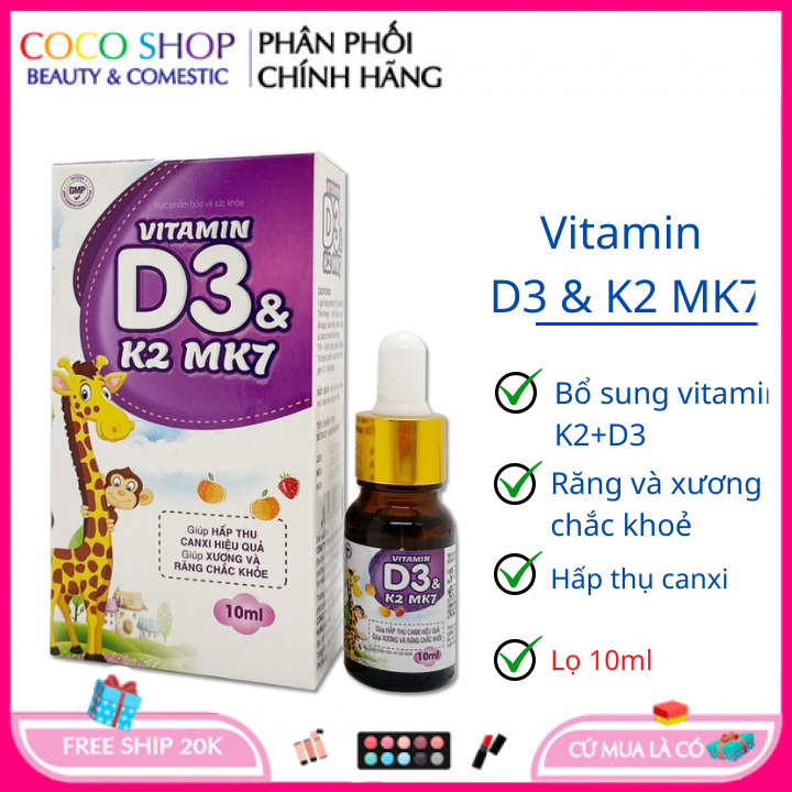 Vitamin D3 K2 MK7 nhỏ giọt cho bé giúp chắc khỏe xương răng hấp thụ canxi tốt Chai 10ml