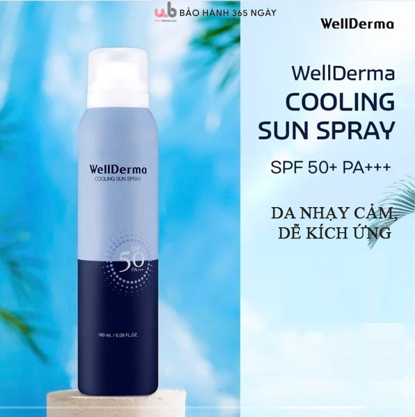 Xịt chống nắng Wellderma G PLus Cooling Sun Spray SPF 50 PA+++ 180mlcho da nhạy cảmTặng kèm quà.