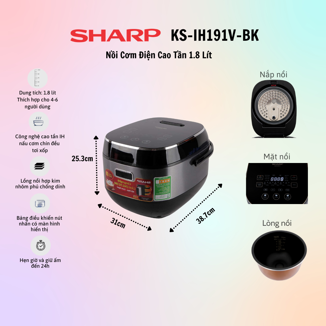 Nồi Cơm Điện cao tần Sharp KS-IH191V-RD/GL/BK - Hàng Chính Hãng