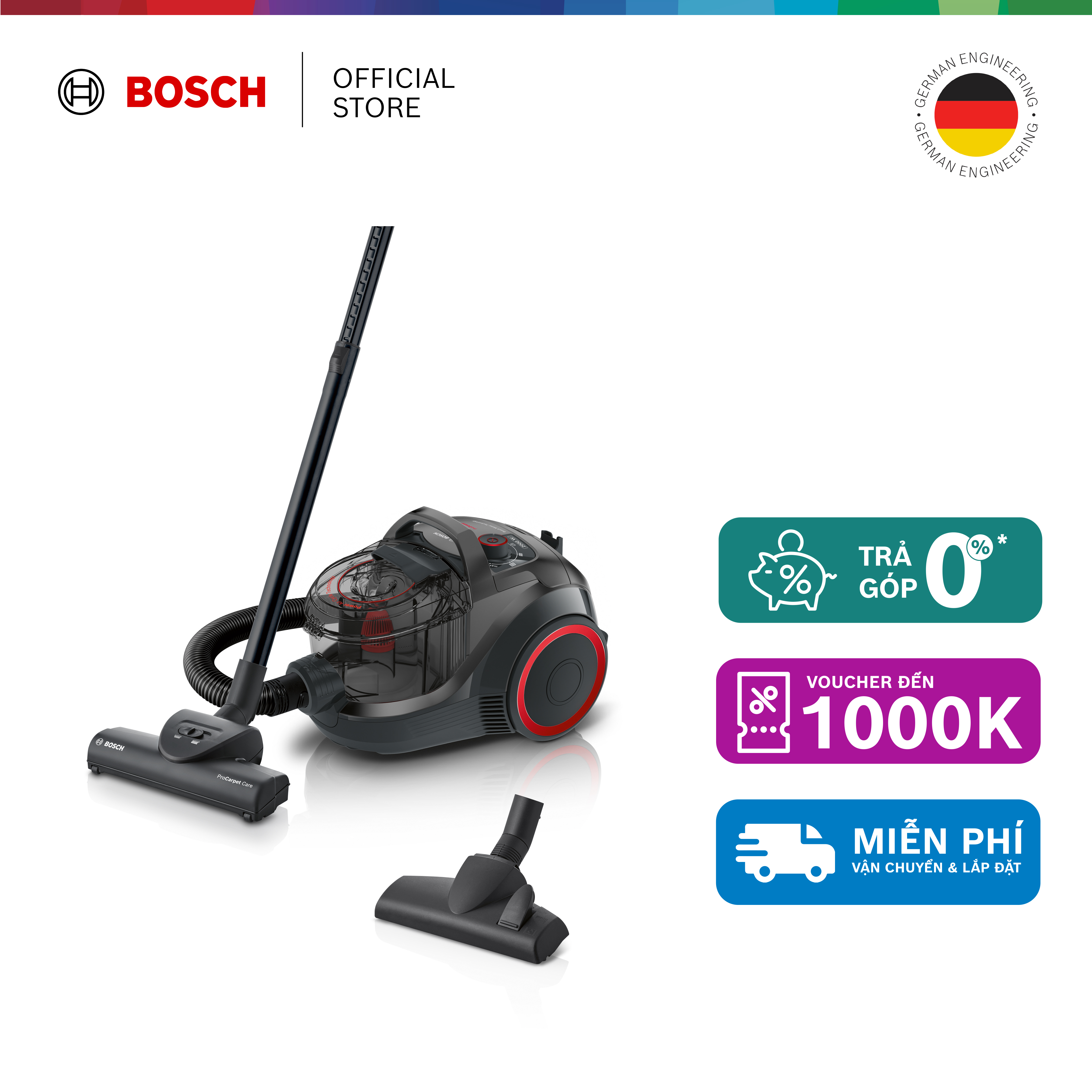 Máy hút bụi có dây Bosch BGS21WPOW - Series 4 2000W (đen dạng ống đựng bụi)