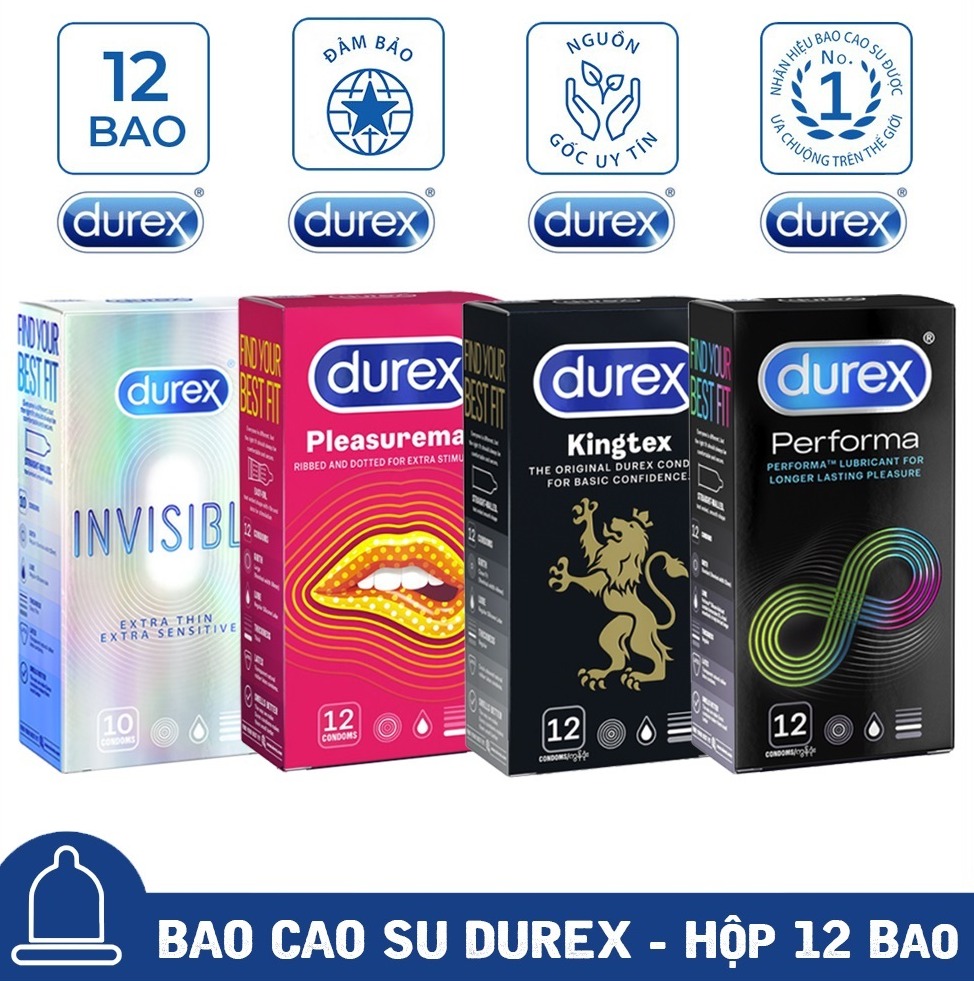 [Mua 2 Tặng 2] Bao Cao Su Nam Nữ Durex Invisible Extra Thin Cực Siêu Mỏng + Pleasuremax Gân Gai + Kingtex Size Nhỏ + Performa Kéo Dài Che Tên Sản Phẩm