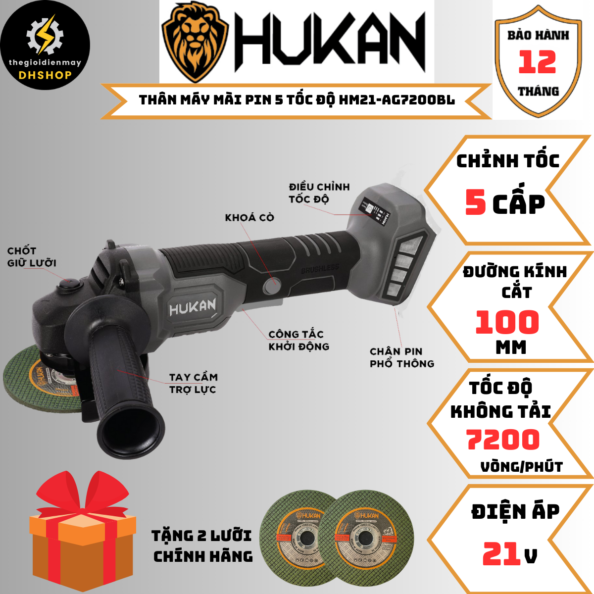 [CHÍNH HÃNG] Thân Máy Mài HuKan Pin 5 Tốc Độ HM21-AG7200BL. Đường Kính Cắt 100mm. Động Cơ Không Chổi