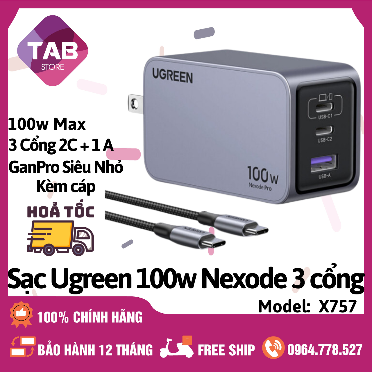 Sạc UGREEN 100W Nexode GaN Pro 3 Cổng X757 Chính Hãng - Bảo Hành 12 Tháng