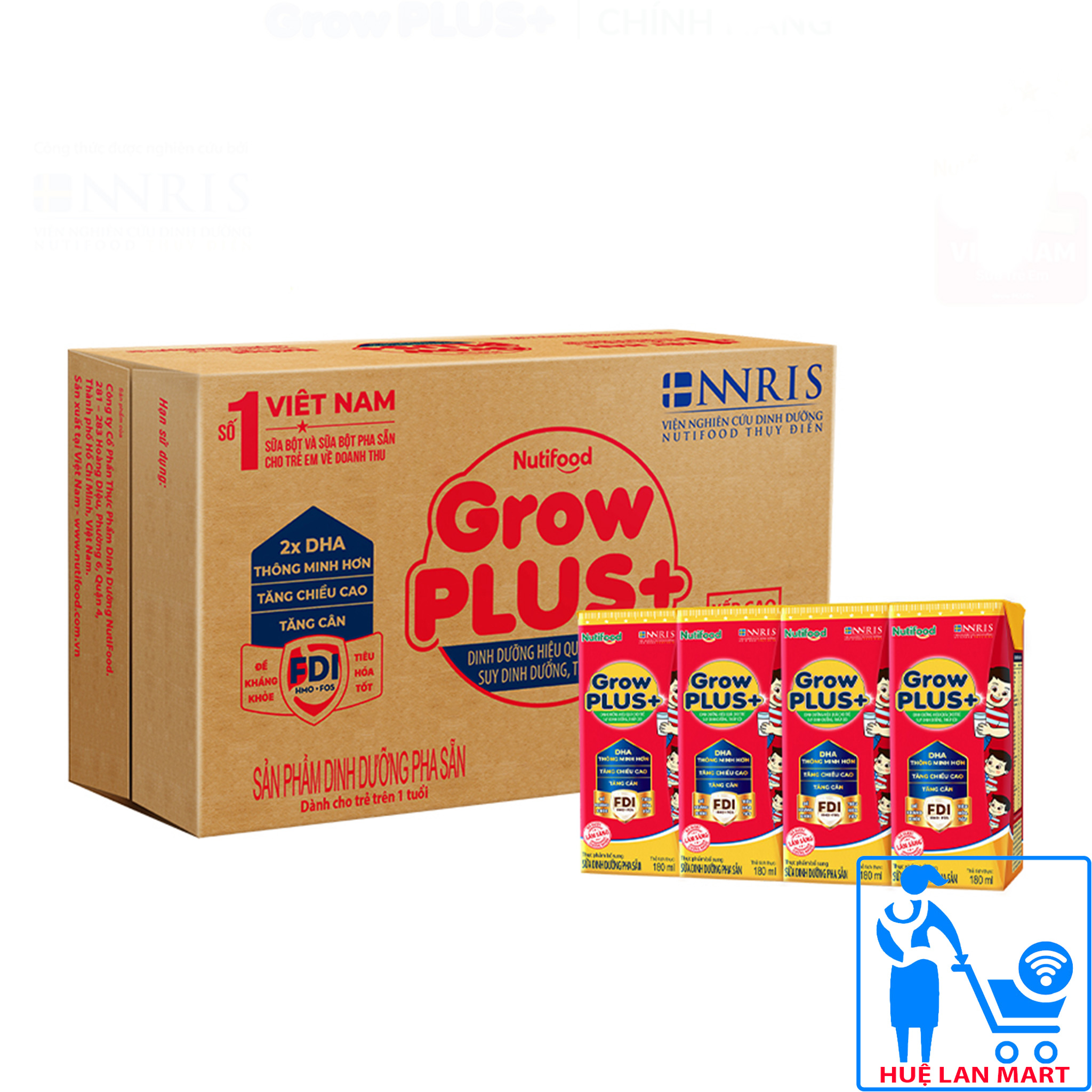 Sữa Bột Pha Sẵn Nutifood Grow Plus+ Đỏ Hương Vani Thùng 48 Hộp x 180ml (Dinh dưỡng hiệu quả cho trẻ suy dinh dưỡng, thấp còi từ 1~10 tuổi)