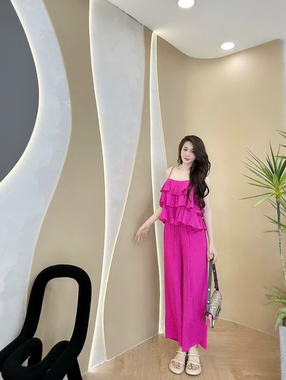 Set siêu HOT áo 2 dây xếp tầng mix quần dà chất đũi xước thoải mái Set bộ mặc nhà đi chơi chất đũi x