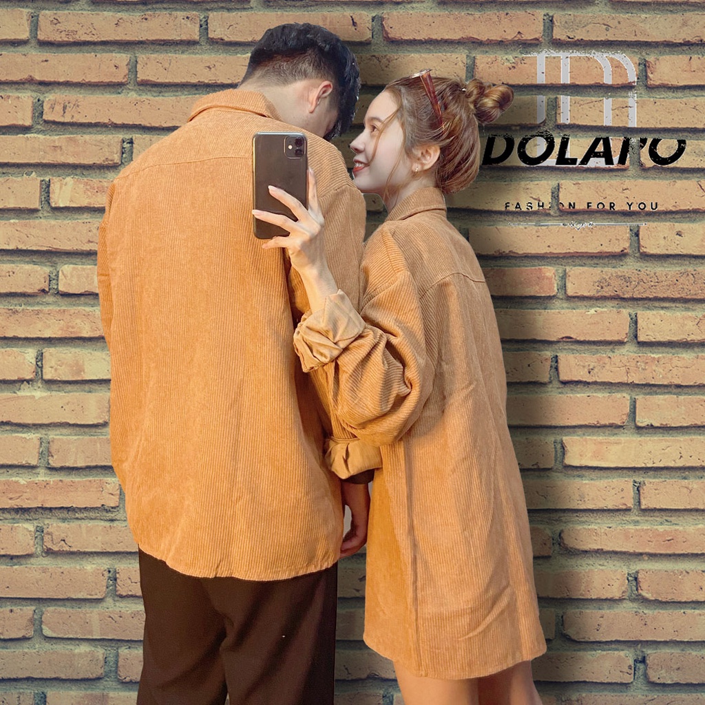 Áo sơ mi tay dài nam nữ dáng rộng cao cấp vải nhung tăm local brand DOLARO áo đôi cặp nhung tăm tay phồng từ 40-78kg