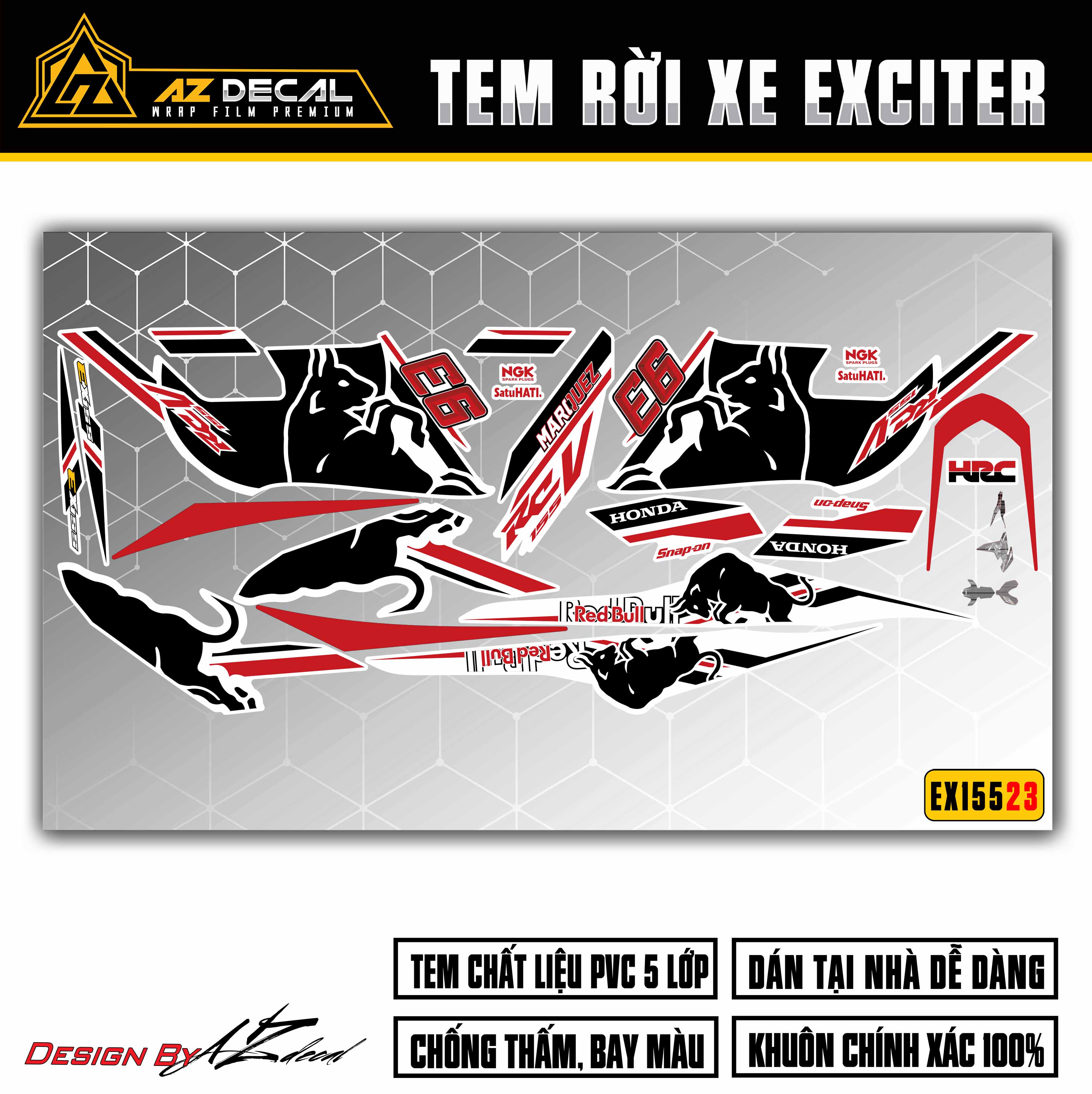 Tem Exciter 155 Thiết Kế Redbull | EX15523 | Team Decal Chế Dán Xe Máy Ex155 Đỏ Đen Xanh Trắng | Azd