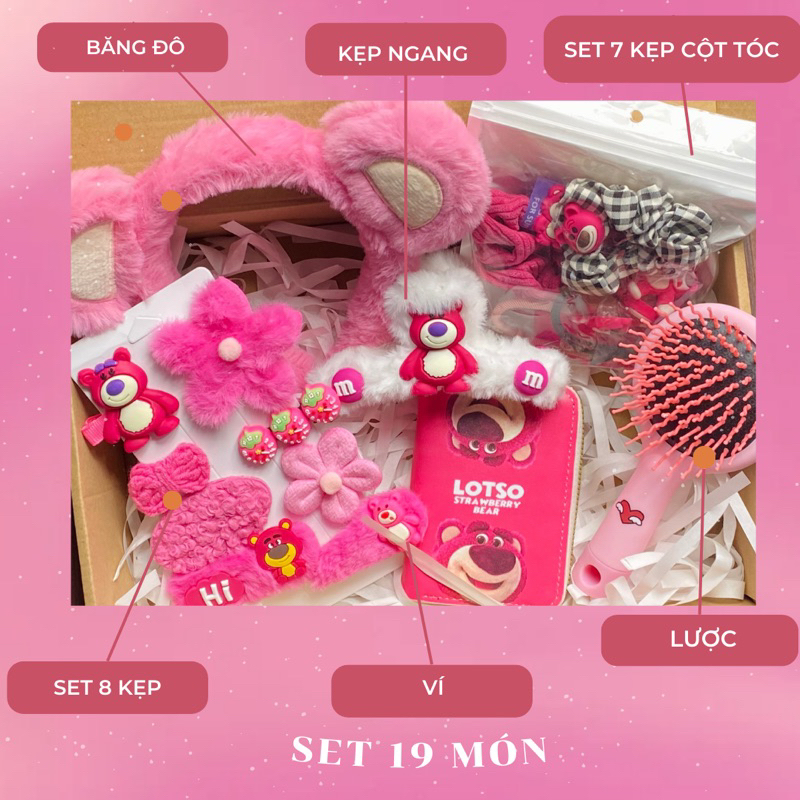 Set Hộp Quà Màu Hồng Gấu LOTSO Tặng Sinh Nhật Nhiều Chi Tiết Cute