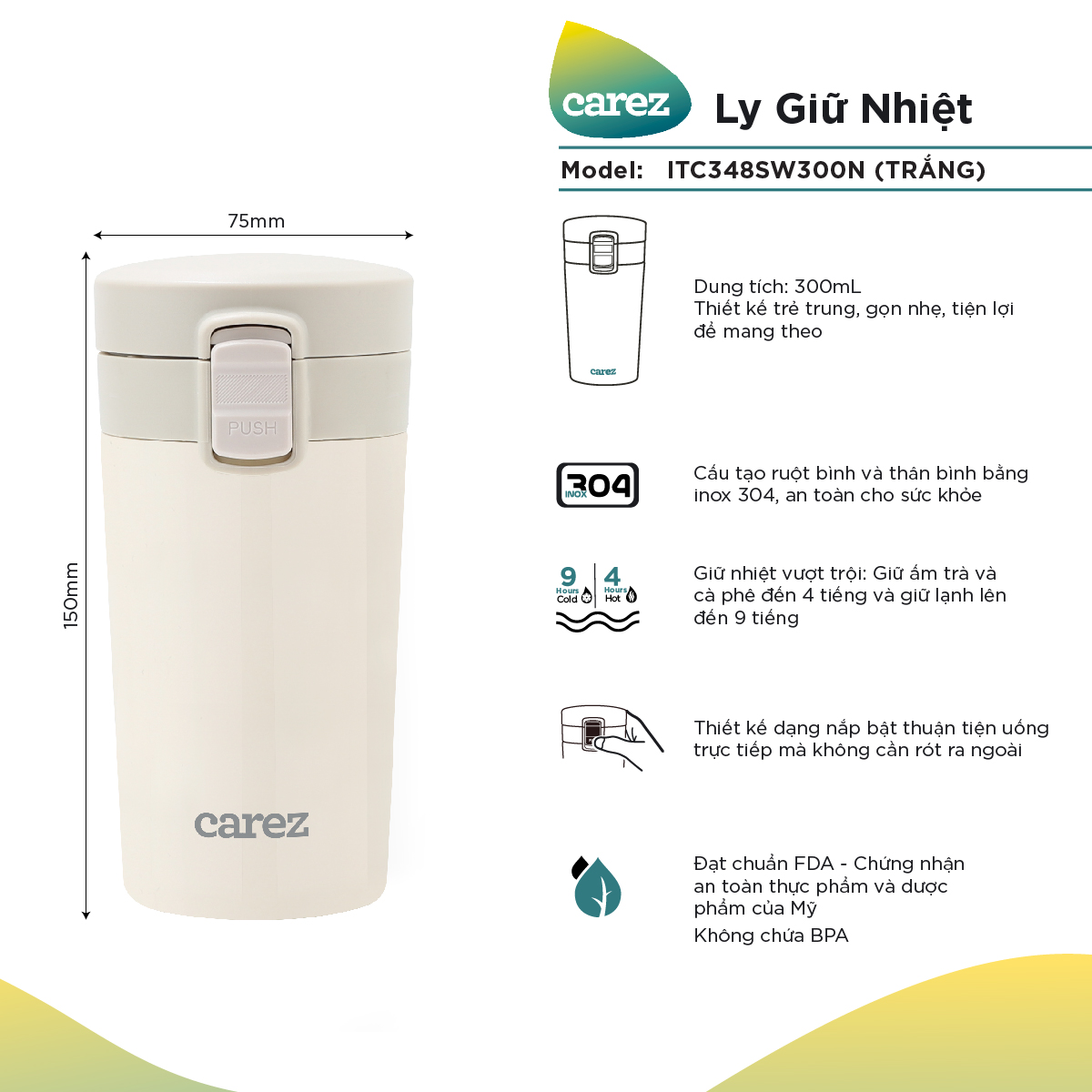 Ly Giữ Nhiệt Carez ITC348SW300N -TRẮNG- 300ml Inox 304 Không chứa BPA - Giữ nóng đến 8 tiếng giữ lạn