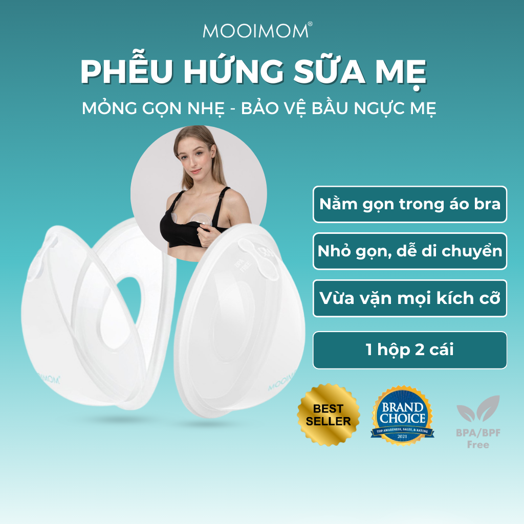 CHÍNH HÃNG MOOIMOM Phễu Hứng Sữa Silicone Có Nút Đậy An Toàn Và Tiện Lợi Hộp 2 Chiếc Cao Cấp Cho Mẹ Bỉm A00827