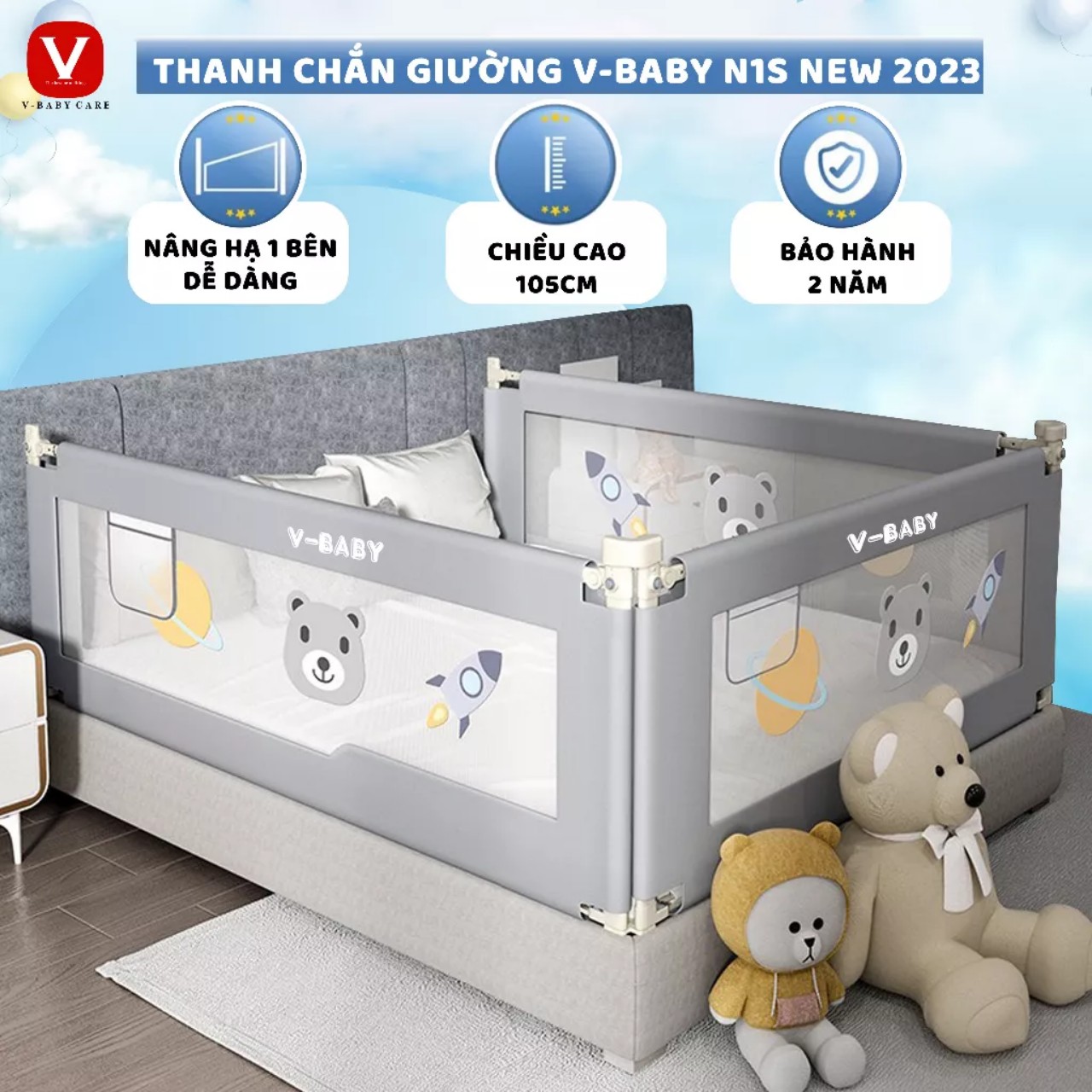 Thanh chắn giường cho bé (1 hộp 1 thanh) bảo vệ bé an toàn tránh té ngã có đủ kích thước 1m6 1m8 2m tấm chắn giường cũi giá rẻ 2023 Vbaby N1S