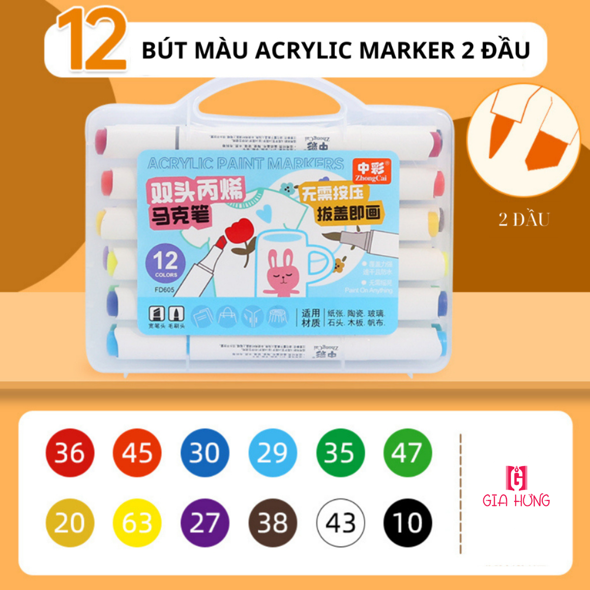 Bút Màu Acrylic Marker 2 Đầu Không Lem 12/24/36/48 Màu Cao Cấp - Màu Sắc Tươi Sáng Đa Dạng