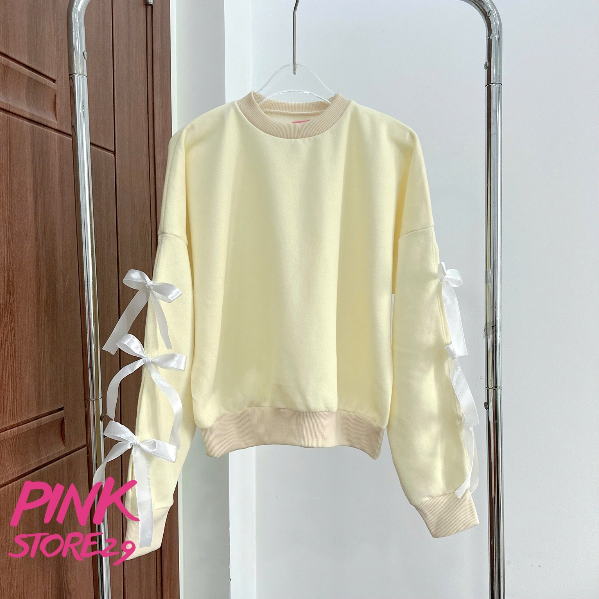 Áo Croptop Nỉ Tay Dài Cổ Tròn PINKSTORE29 Kiểu Đính Nơ Dễ Thương A51235