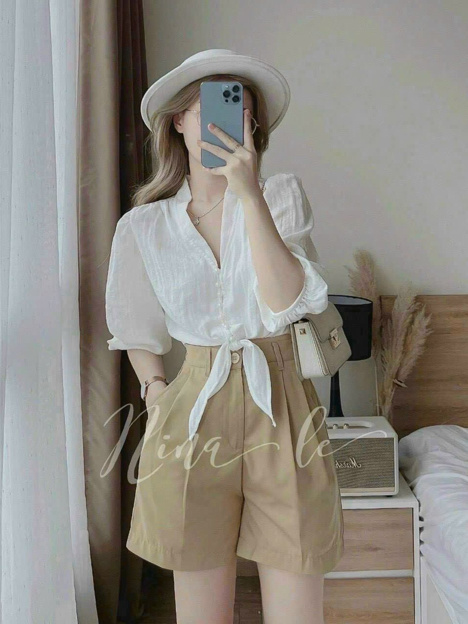Set áo sơ mi trắng tay phồng cột nơ eo quần short nữ kaki ống rộng đồ bộ tiểu thư Hàn Quốc nữ tính