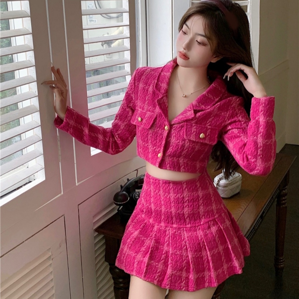 Set dạ Tweed áo croptop + chân váy xếp li màu hồng tiểu thư cực hot trend