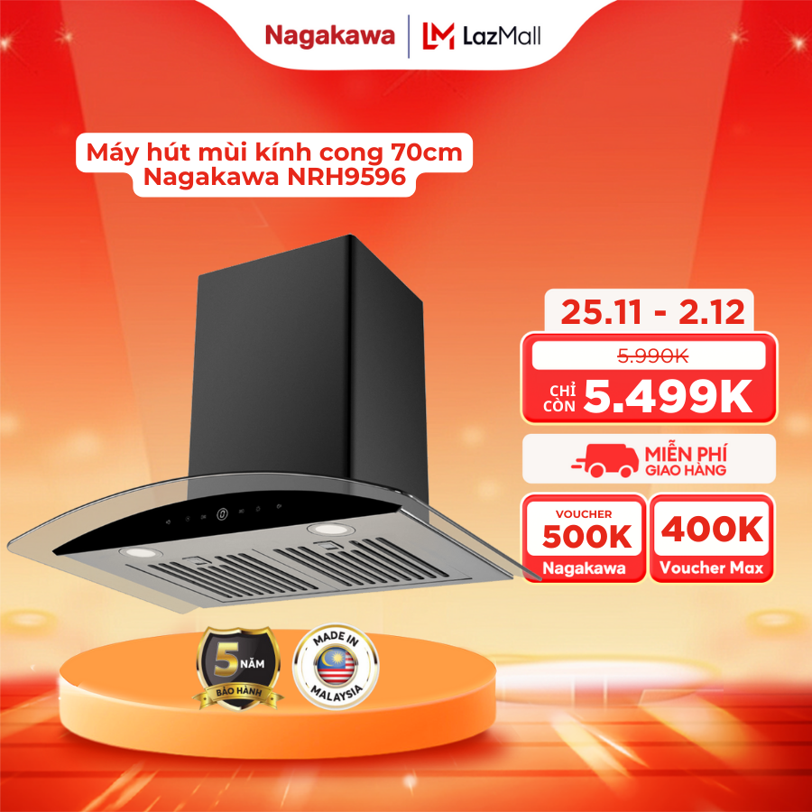 Máy hút mùi Nagakawa NRH9596 chính hãng bảo hành 5 năm made in Malaysia
