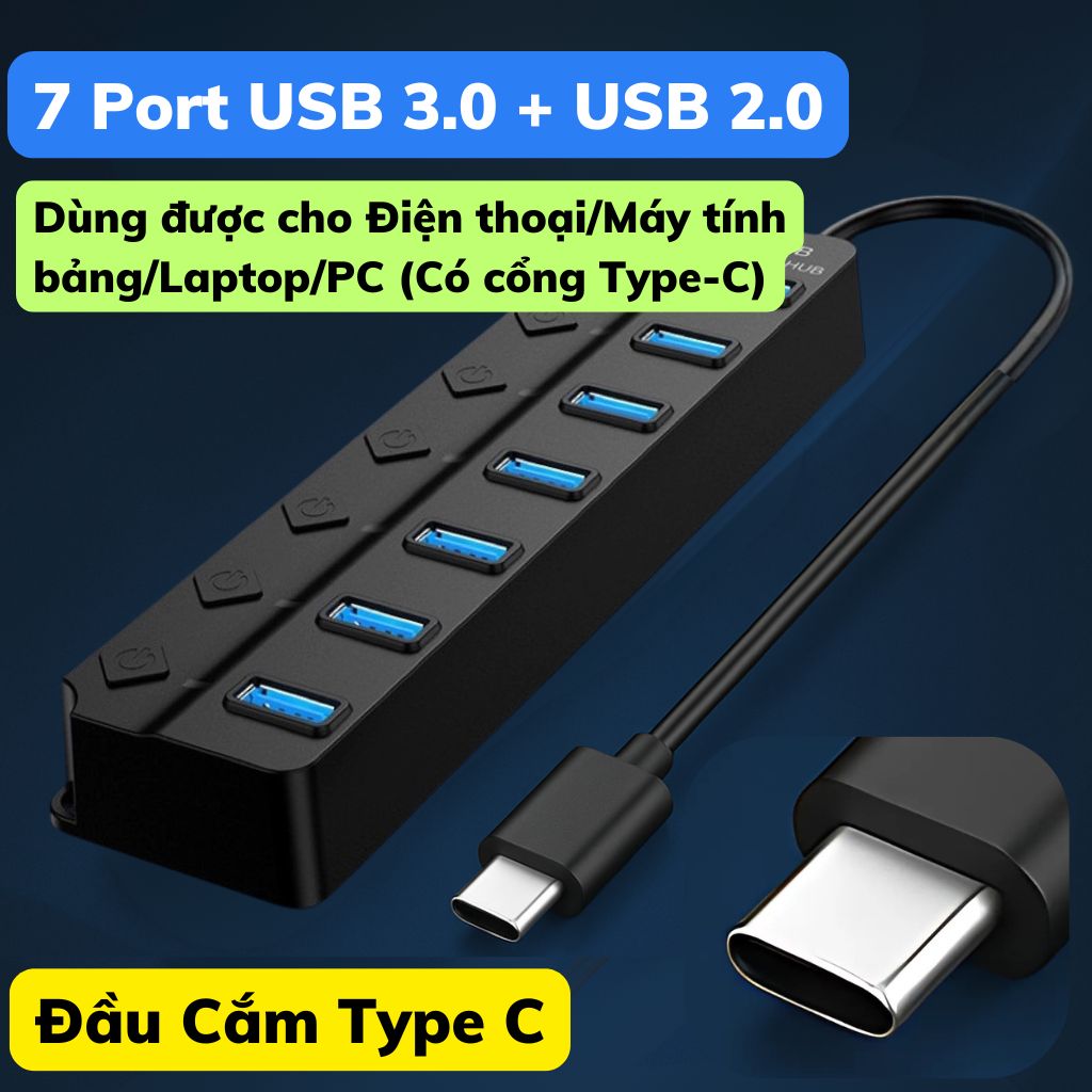 Hub Chia Cổng USB Trung Tâm 3.0 Type-C – Bộ chia USB OTG chuyển đổi có công tắc nguồn Led - Tốc độ c
