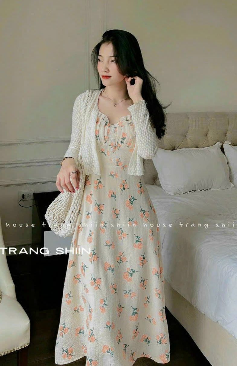 Đầm tiểu thư hoa nhí hai dây kèm áo khoác croptop nữ tính xinh set váy midi mùa hè phong cách vintag