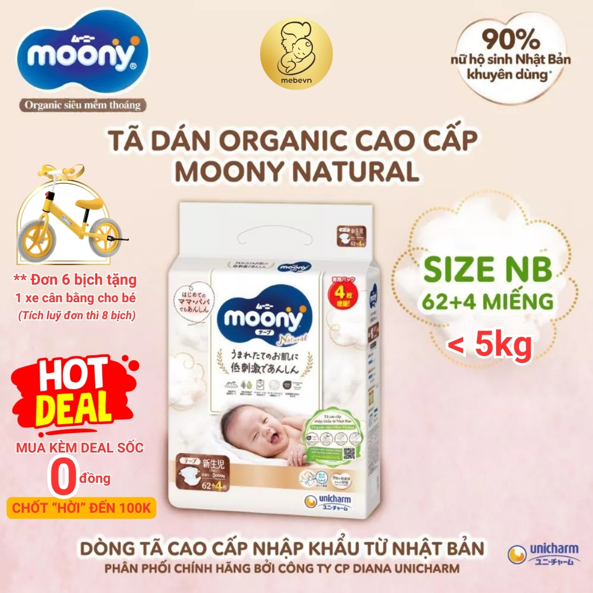 [Voucher 10% toàn gian] Combo 2 bỉm moony trắng bỉm moony natural chính hãng Dán/Quần đủ size NB62/S