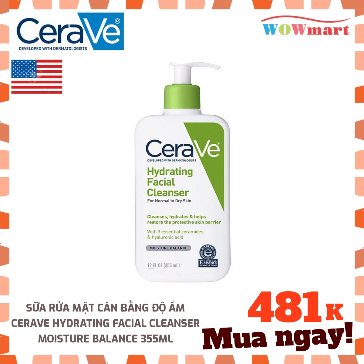 [Hcm]Sữa Rửa Mặt Cân Bằng Độ Ẩm Cerave Hydrating Facial Cleanser Moisture Balance 355Ml - [Mỹ]