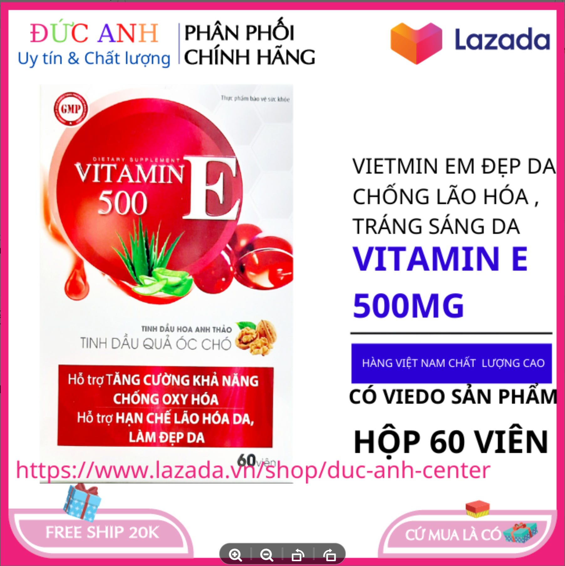 Vitamin e đỏ đẹp da chống lão hóa cân bằng nội tiết tố cho da hộp 60 viên vitamin e dưỡng da - vitam