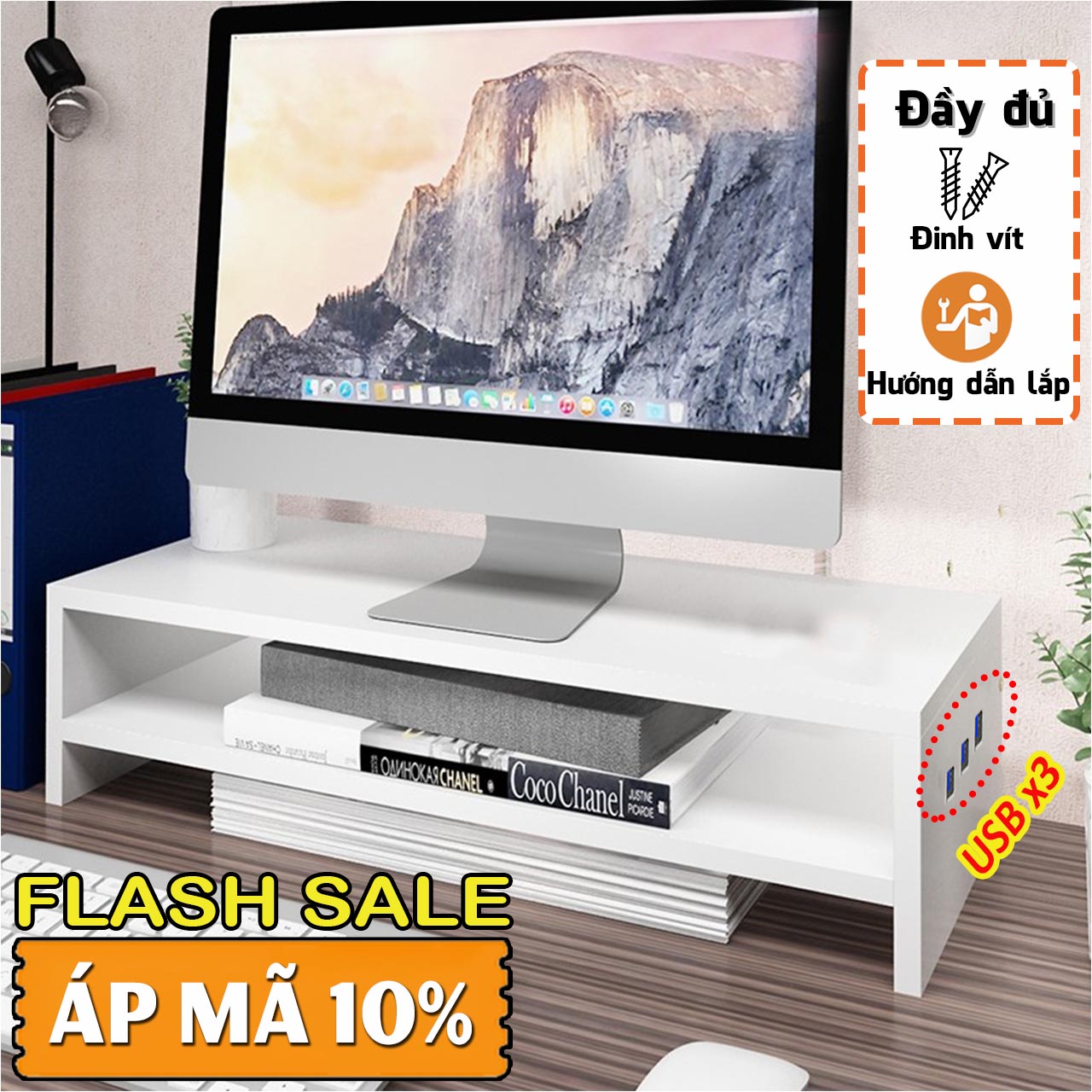Kệ máy tính gỗ để bàn giá đỡ laptop nâng pc 1 2 tầng trắng kệ màn hình decor bàn học kê vi tính TopV