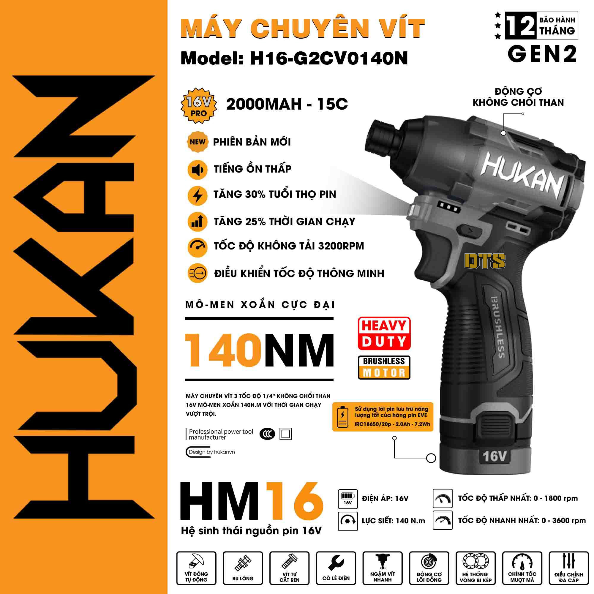 Bộ máy chuyên vít pin 16V - 16.8V HUKAN H16-G2CV0140N HK-EC130MCL | 3 cấp chỉnh tốc lực siết 140N.m