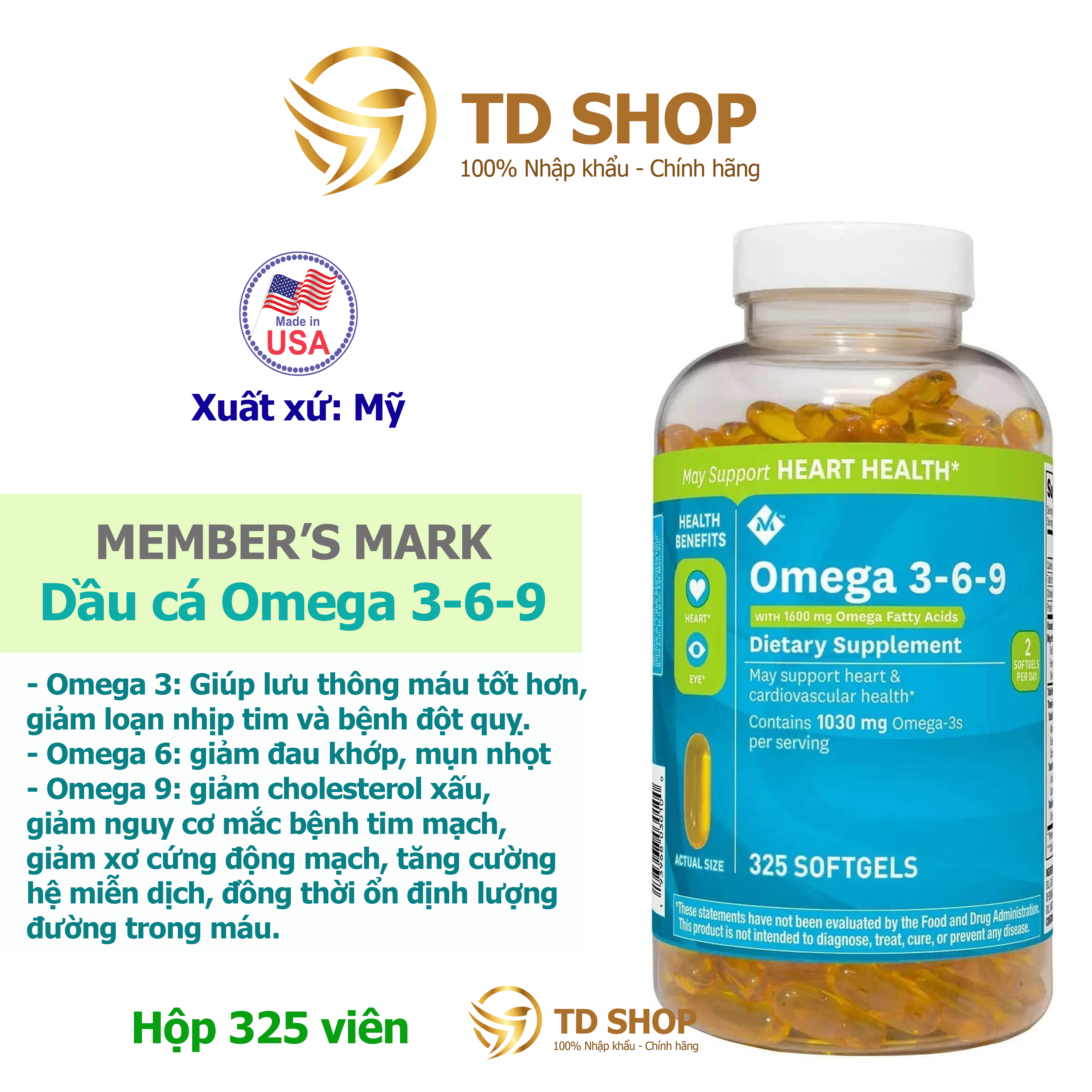 [NK Mỹ] Omega 369, viên uống Omega 3-6-9 Heart Health 325 viên - TD Shop