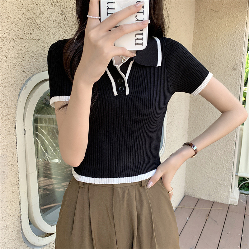 Áo polo croptop len gân nữ tay ngắn kiểu cổ bẻ dáng ôm body dệt kim thời trang Quảng Châu cao cấp trẻ trung