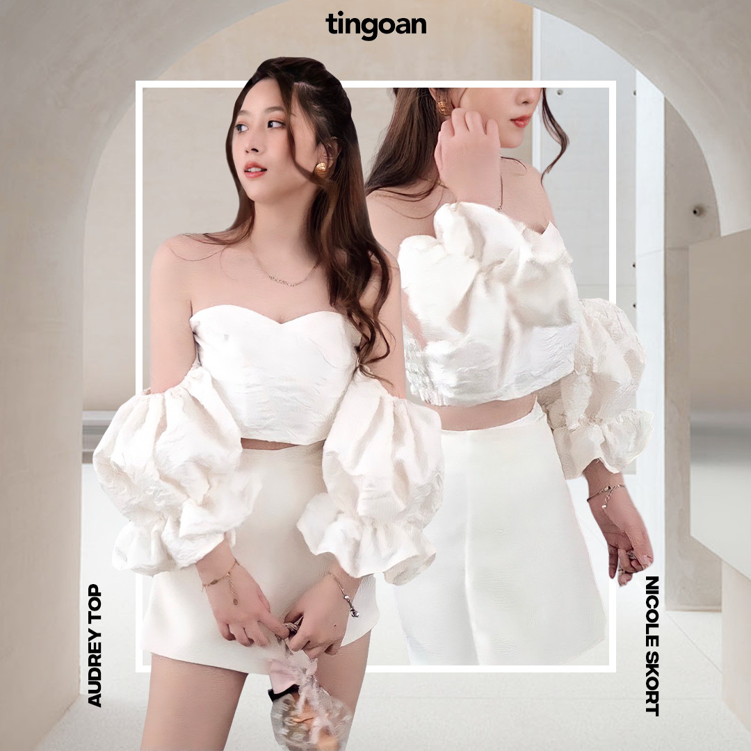 TINGOAN® - Áo trễ vai vân gấm tay rời bồng chun co giãn trắng AUDREY OFF/WH