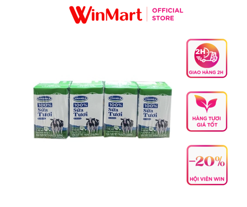 [Siêu thị WinMart] - Lốc 4 hộp Sữa tươi tiệt trùng Vinamilk có đường 110ml