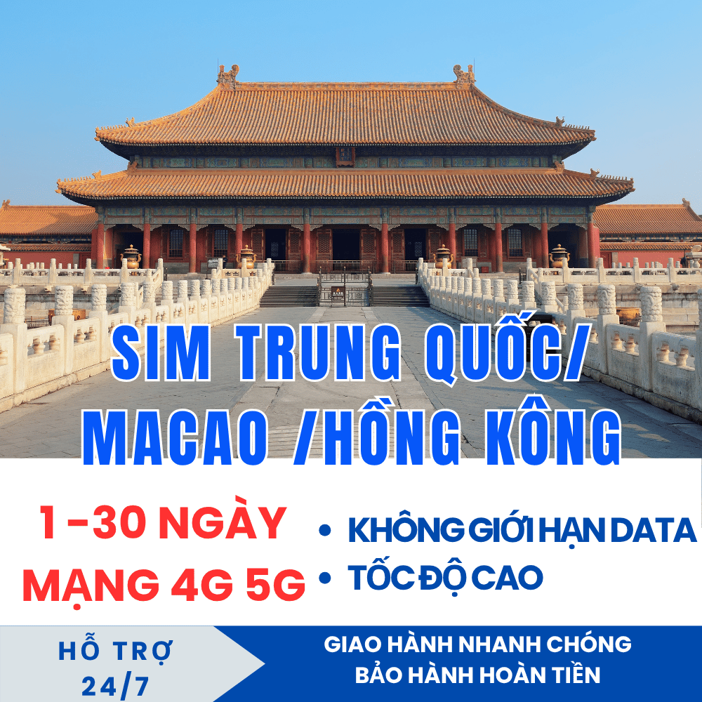 Sim/Esim Du Lịch Trung Quốc / Hồng Không / Macao 1GB - 3GB/ngày + Không Giới Hạn Tốc Độ Thường Són
