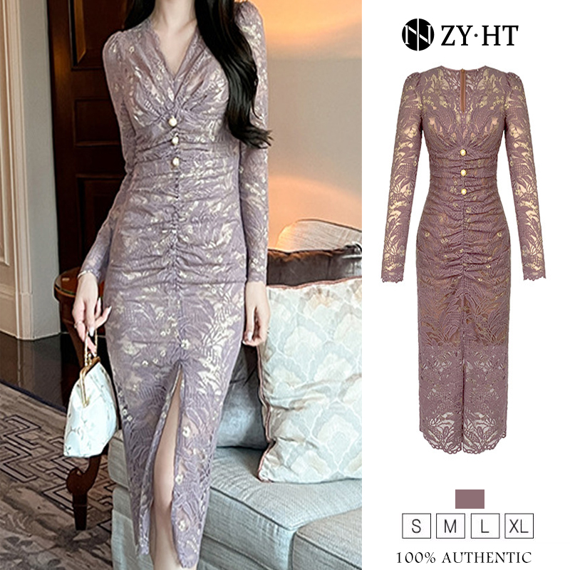 ZYHT eravogue đầm sang chảnh dự tiệc chân váy nữ đầm body nữ ôm body xẻ tà ren cổ điển chân váy dài 