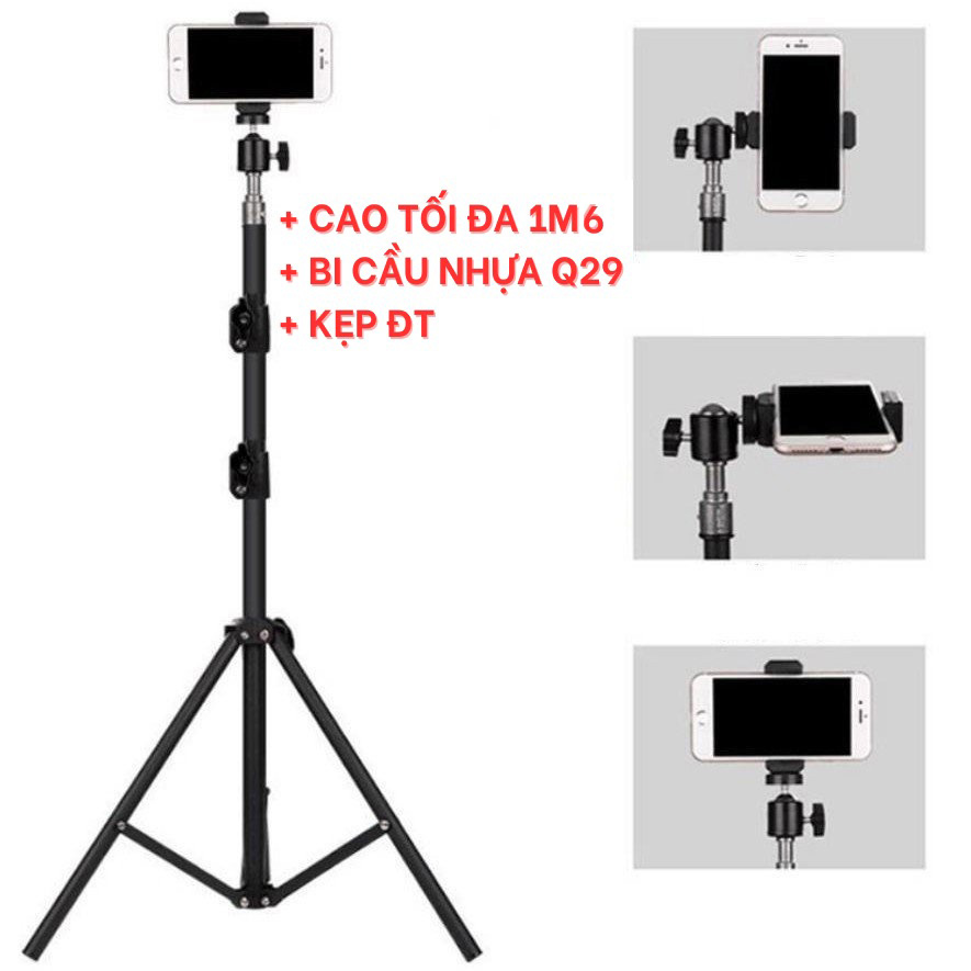 Gía đỡ điện thoại 3 chân Cây livestream TRIPOD chụp ảnh quay phim Chân 2m bi cầu q29 kẹp điện thoại 