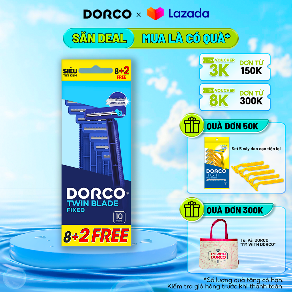 Gói 8+2 Dao Cạo Râu 2 Lưỡi DORCO TWIN BLADE FIXED - Tặng 2 Dao Cạo Cùng Loại TD708DB-10MP(8+2) mỗi đ