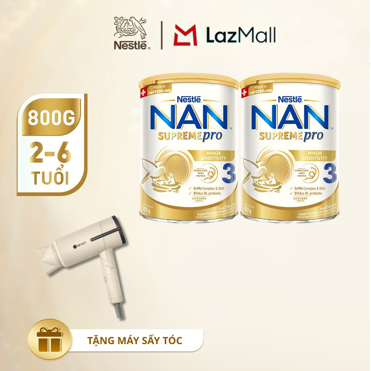 [Tặng máy sấy tóc] Combo 2 lon Sữa Bột Nestlé NAN SUPREMEPRO 3 800g Nhập Khẩu Đức Cho Bé 2 - 6 Tuổi Chứa Đạm Whey Thủy Phân 1 Phần 5-HMOs & Lợi khuẩn BIFIDUS BL